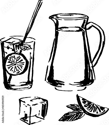 Hand drawn black and white sketch set of lemonade with pitcher, glass, and lemon slices