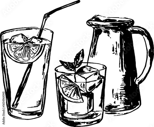 Black and white sketch illustration set of lemonade glasses and pitcher for beverage concept art
