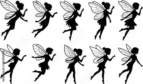 Collection of ten silhouetted fairy figures in various graceful poses with detailed wing designs