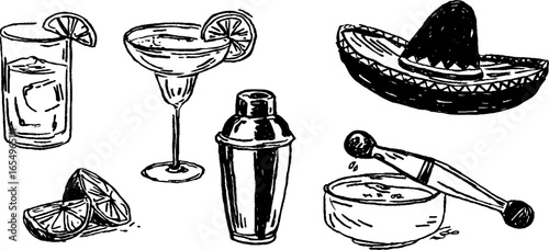 Hand drawn margarita and cocktail sketch set with sombrero