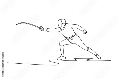 Continuous line drawing professional fencer in "en garde" stance. Symbolizing the poised readiness, active, focus, and strategy of the sport. Dynamic one line draw graphic design vector illustration