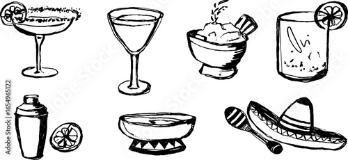 Black and white sketch collection of margarita and bar essentials for beverage design