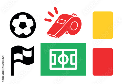 Set of icons football field, ball and whistle with flag. Attribute of football match, Soccer or championship. Symbol of sport, goal or game.