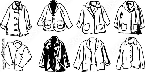 Black and white sketch collection of coat designs for fashion concepts and apparel inspiration