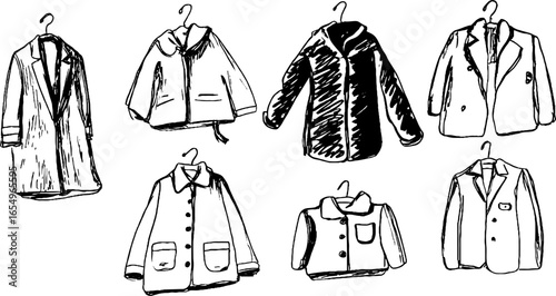 Hand-drawn black and white sketch collection of oversized jackets and coats on hangers