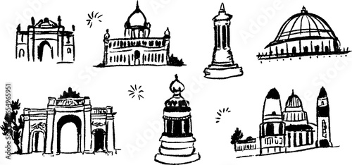 Architectural sketch collection of monuments and palaces in black and white