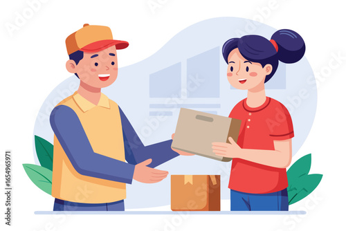 Delivery Service Illustration Featuring Delivery Man Handing a Box to a Smiling Customer in a Friendly and Efficient Manner