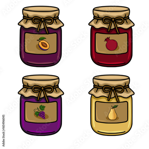 A charming vector illustration showcasing four jars of homemade fruit preserves, each featuring unique fruit labels: plum, pomegranate, grape, and pear, tied with rustic twine bows.