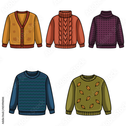 A vector illustration showcasing five unique autumn themed sweaters, each with distinct knit patterns: a cardigan with maple leaves, a turtleneck with a braided design, a turtleneck with a geometri...
