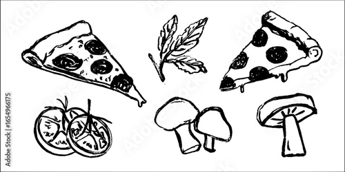 Black and white sketch pizza set with toppings and slices for design projects