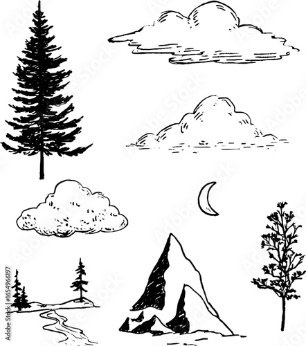 Black and white sketch illustration set of pine trees, clouds, moon, and mountain scene for artistic design