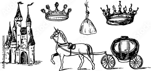 Black and white sketch set of fairy tale prince elements for design