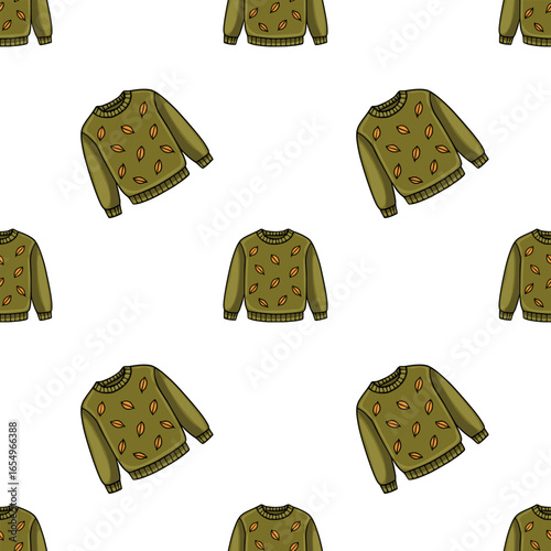 Seamless vector pattern featuring olive green sweaters adorned with scattered orange leaf motifs, ideal for autumnal textile designs or fall themed backgrounds.