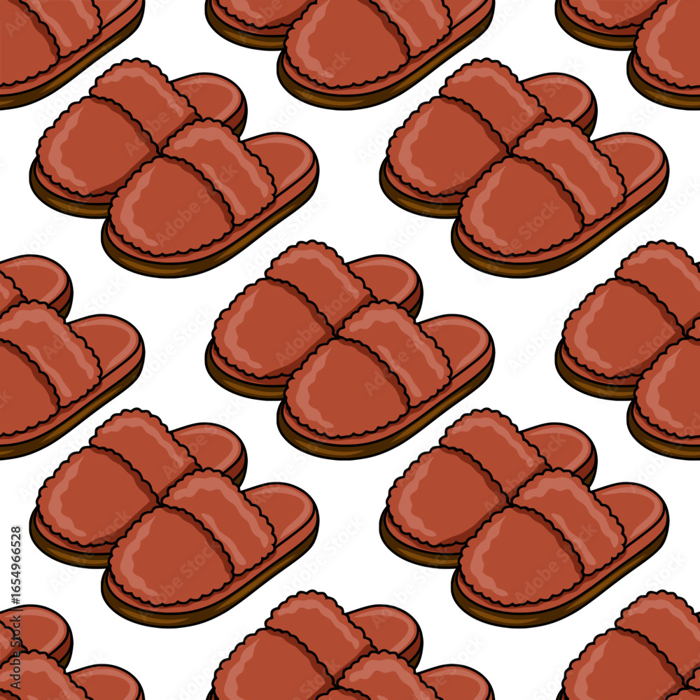 Fototapeta premium Seamless vector pattern of cozy terracotta colored fluffy slippers, ideal for textile design or winter themed backgrounds.