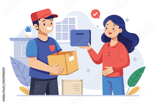 Delivery Service Illustration Featuring Delivery Man Handing a Box to a Smiling Customer in a Friendly and Efficient Manner