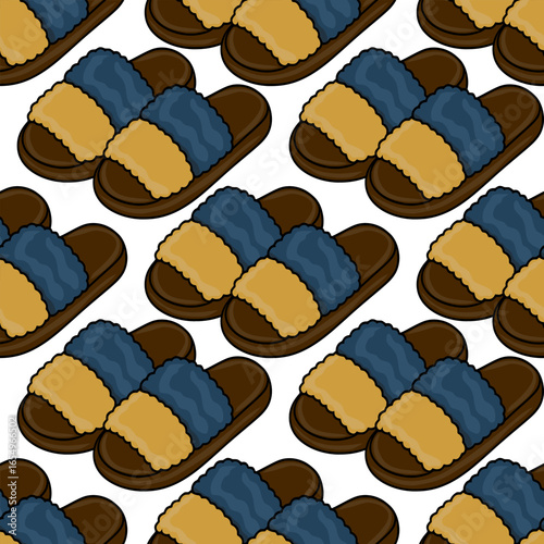 Seamless vector pattern of stylish fluffy slippers in mustard yellow and dark blue, perfect for home decor or textile design.