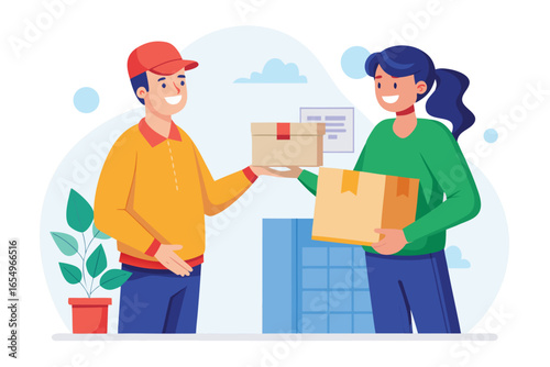 Delivery Service Illustration Featuring Delivery Man Handing a Box to a Smiling Customer in a Friendly and Efficient Manner