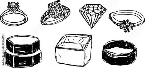 Black and white hand drawn sketch collection of rings and gemstones for design