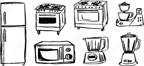Black and white sketch collection of kitchen appliances for design and creativity