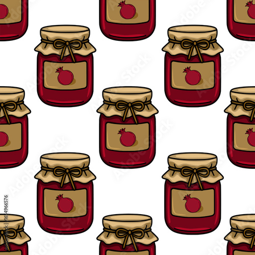 Seamless vector pattern featuring charming illustrations of pomegranate jam jars with kraft paper lids and tied bows, creating a rustic and appetizing design.