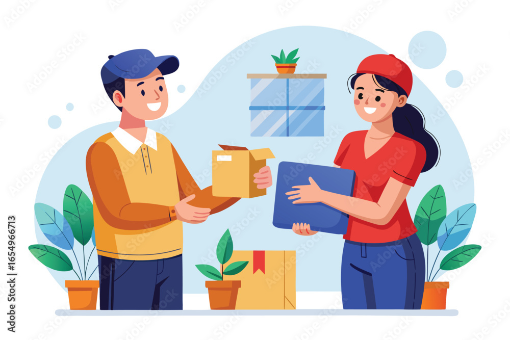 Delivery Service Illustration Featuring Delivery Man Handing a Box to a Smiling Customer in a Friendly and Efficient Manner Delivery Service Illustration Featuring Delivery Man Handing a Box to a Smiling Customer in a Friendly and Efficient Manner