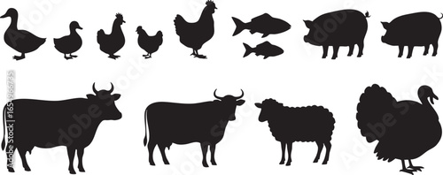 Collection of farm animal silhouettes on a white background, farm animals, silhouette, collection, livestock, agriculture, domestic animals, cow, sheep, turkey, pig, duck, chicken, hen, rooster, fish,