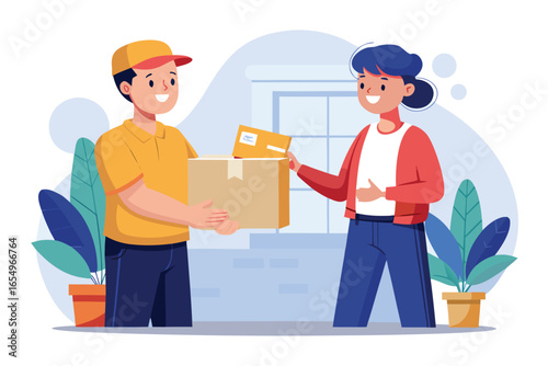 Delivery Service Illustration Featuring Delivery Man Handing a Box to a Smiling Customer in a Friendly and Efficient Manner