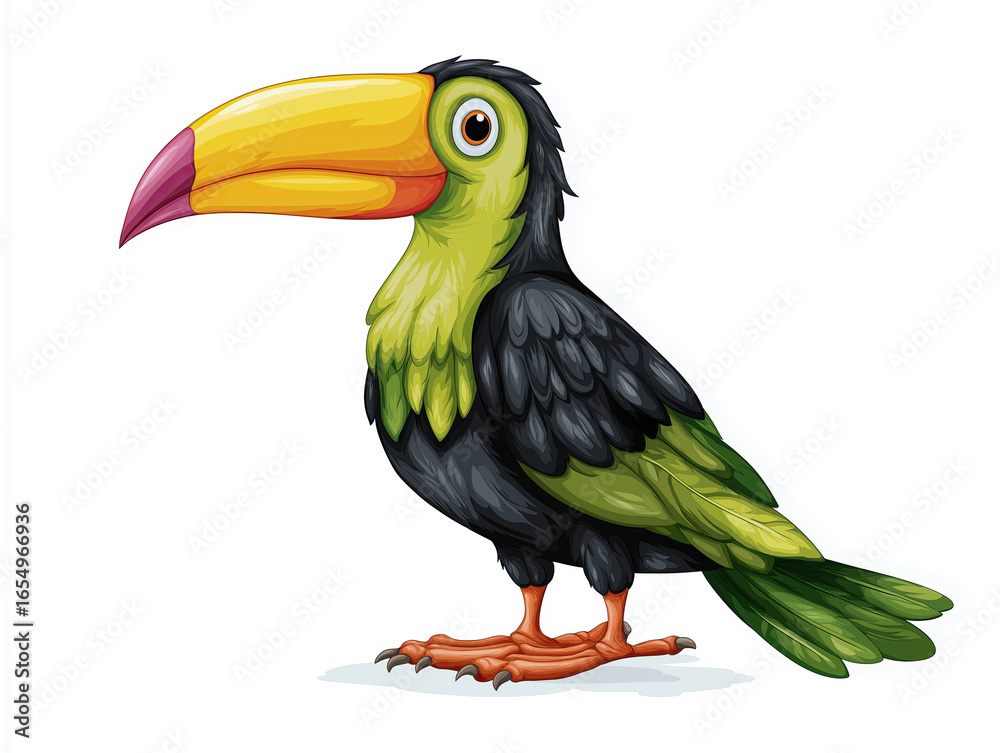 Fototapeta premium Colorful toucan illustration with vibrant beak and detailed feathers, showcasing the beauty of tropical birds in a playful and engaging style for educational purposes