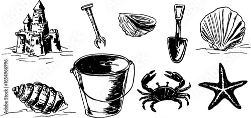 Beach adventure sketch collection: sandcastle, shells, and sea creatures for creative designs