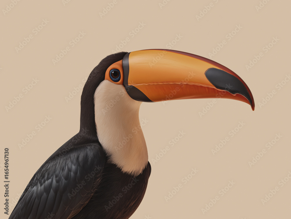 Obraz premium Colorful toucan bird with a large orange beak and black feathers, perched against a soft beige background, showcasing its vibrant plumage and unique features