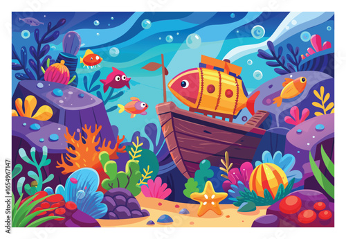 Cartoon Underwater World with Colorful Fish and Submarine Wreck Creating a Whimsical Marine Scene