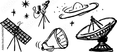Space exploration instruments and celestial bodies in black and white sketch art