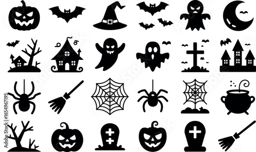 Collection of spooky halloween silhouettes featuring pumpkins ghosts bats spiders and haunted houses