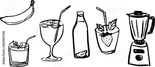 Black and white sketch set of smoothie ingredients and blender for kitchen design