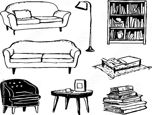 Hand drawn black and white sofa set with books and furniture design elements