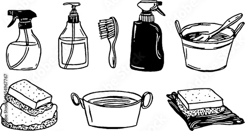 Black and white sketch illustration set of cleaning supplies for design projects