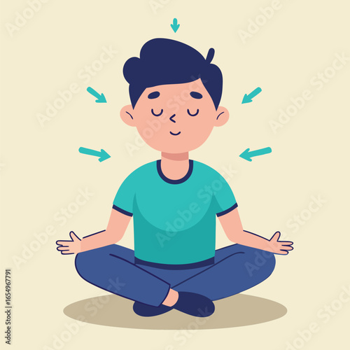 Man Practicing Deep Breathing Meditation Vector Illustration
