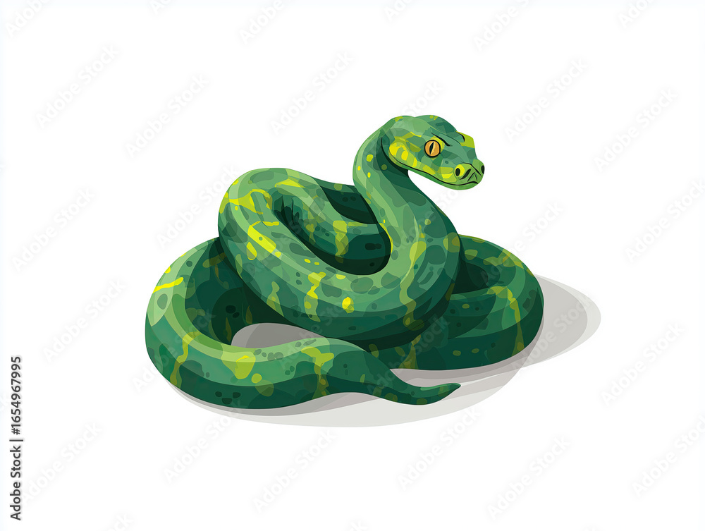 Fototapeta premium Green snake illustration coiled gracefully on a white background, showcasing vibrant scales and intricate patterns, embodying the beauty of wildlife and nature