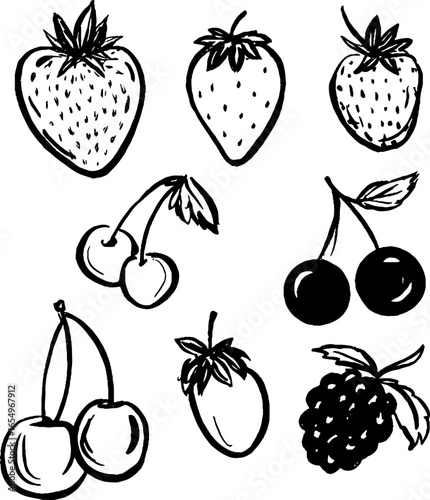 Hand drawn black and white fruit sketches, including strawberries and cherries