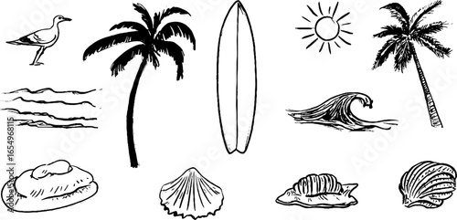 Black and white sketch set of surfboards, waves, shells, and palm trees for beach design