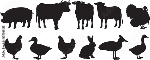 Farm Animal Silhouettes Collection bull sheep, pig, cow, bull, sheep, turkey, chicken, hen, duck, goose, rabbit, deer, silhouette, farm, animal, livestock, agriculture, domestic, mammal, bird, poultry