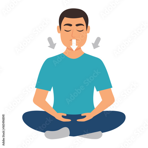 Man Practicing Deep Breathing Meditation Vector Illustration
