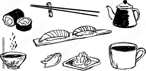 Hand drawn black and white sushi sketch set for design projects