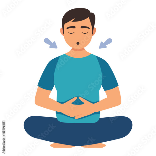Man Practicing Deep Breathing Meditation Vector Illustration
