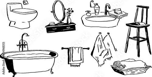 Black and white bathroom sketch collection: toilets, bathtub, sink, and accessories