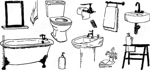 Black and white bathroom essentials sketch set for design and decoration