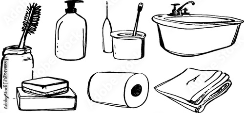 Black and white sketch set of bathroom essentials and toiletries