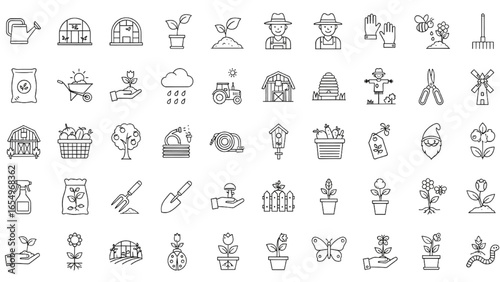 Gardening and Agriculture Line Icon Set – Vector Pictograms of Grow Your Own Food, Watering Can, Greenhouse, Seedling, Sprout, Farmer, Pollination, Fertilizer, Thin Linear Illustration
