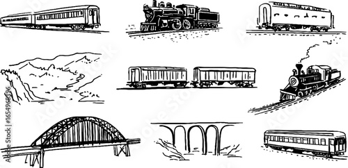 Black and white train sketches collection for art and design projects