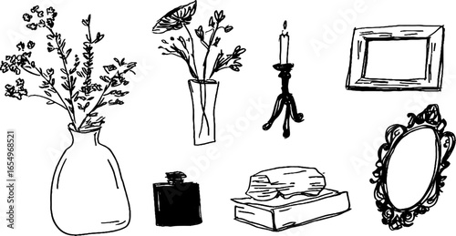 Black and white hand sketched vase and home decor elements collection for artistic design
